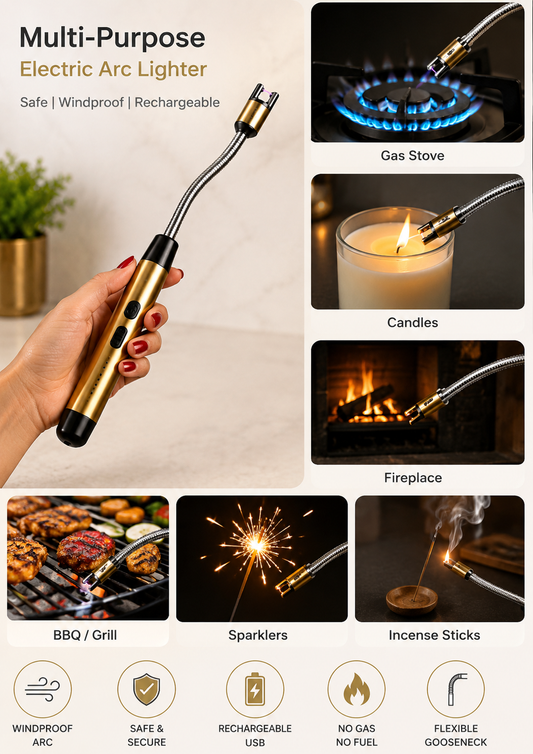 USB Rechargeable Electric Plasma Arc Lighter | Windproof Flameless Metal Lighter for BBQ, Kitchen, Candle & Camping